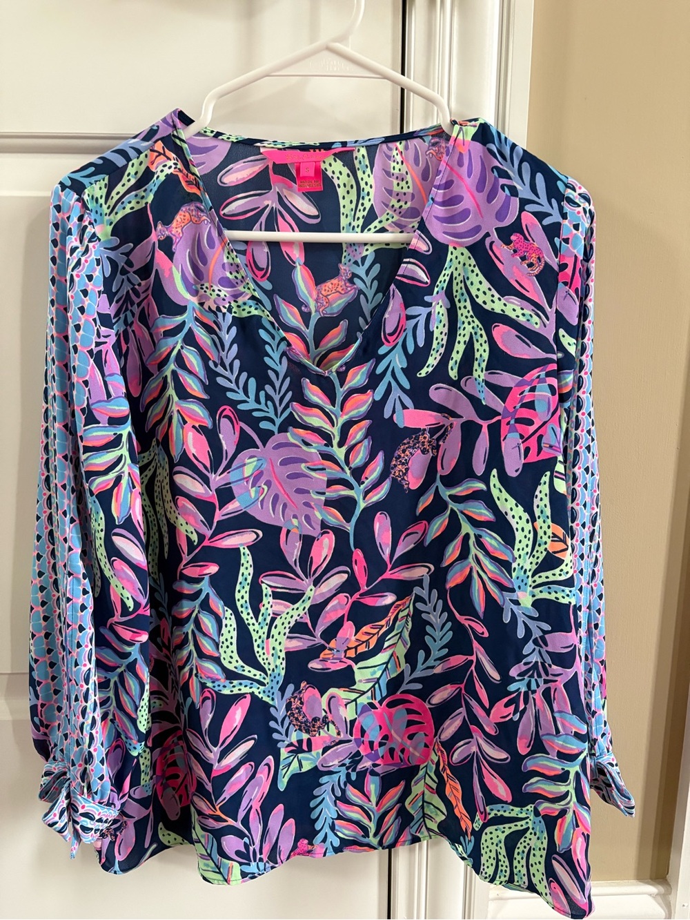 Lilly Pulitzer Navy Tropical Leaf Print V-Neck Blouse